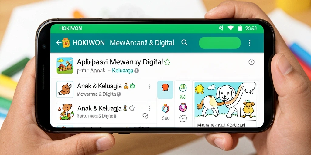 Tampilan antarmuka HOKIWON menunjukkan fitur mewarnai yang menarik dan interaktif.