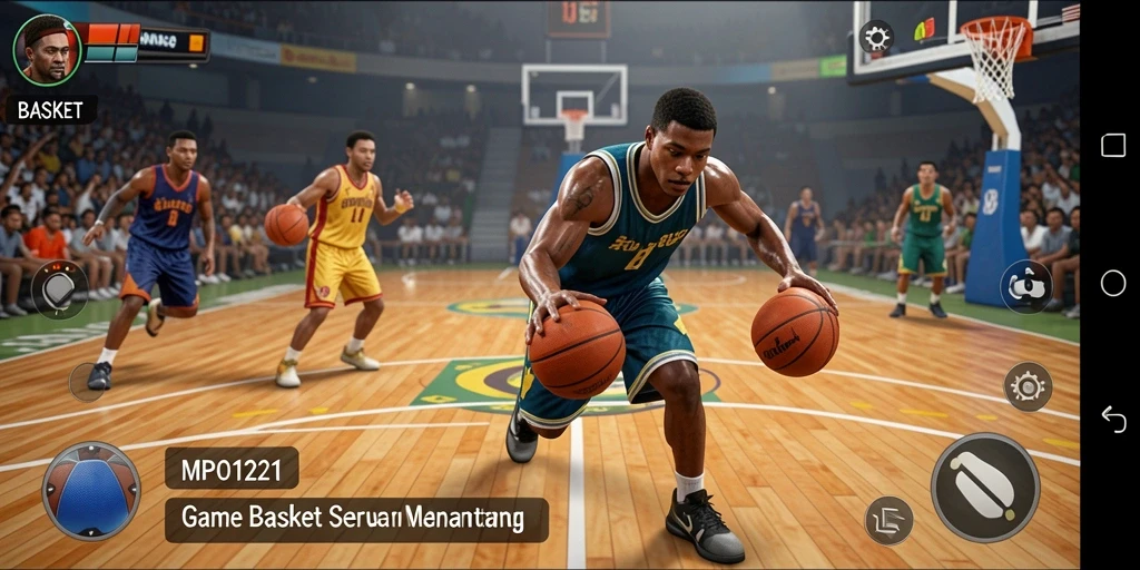 Screenshot antarmuka MPO1221 yang menampilkan aksi seru di lapangan Basket.
